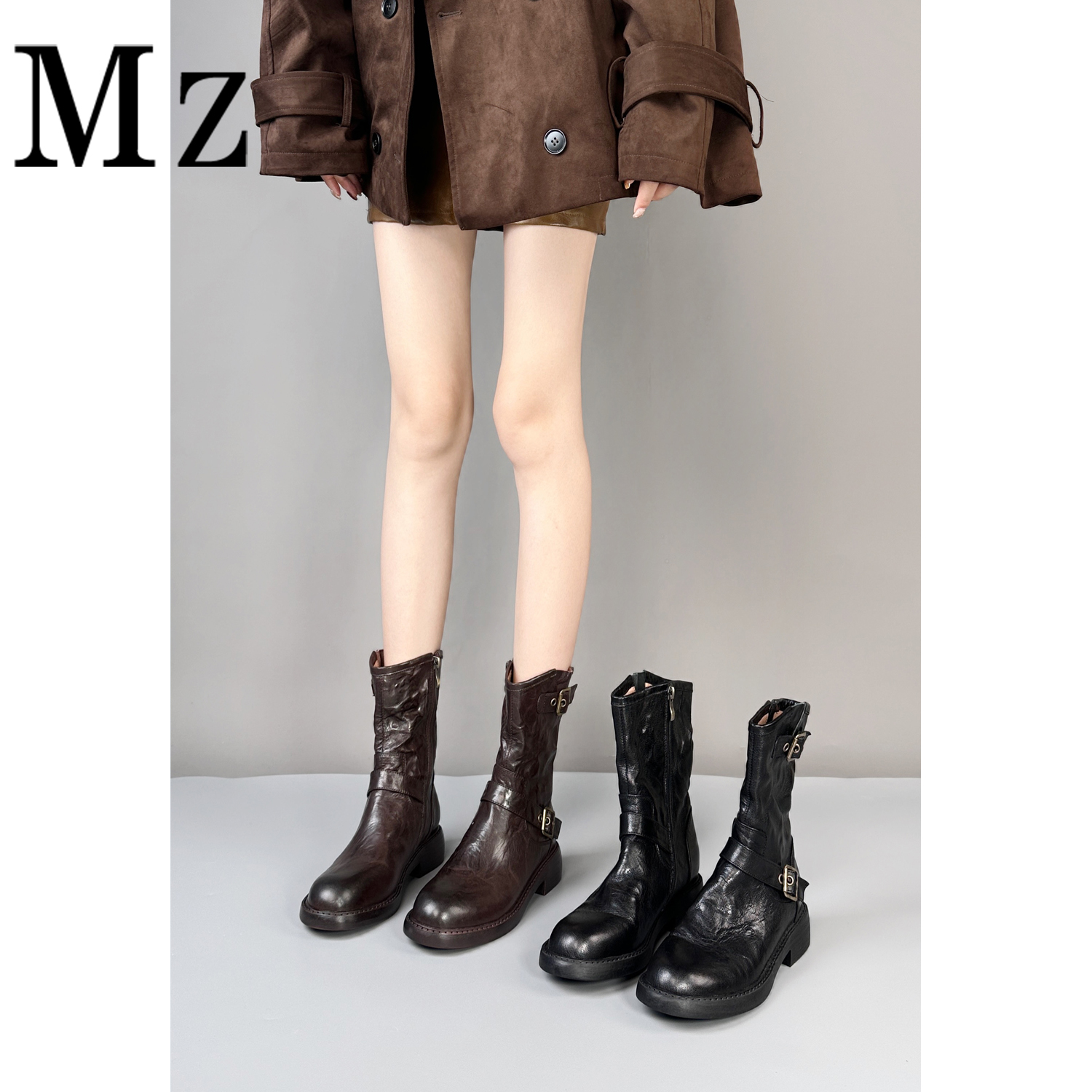 Mr.Zheng/3.5cm/复古百搭皮带扣中筒靴羊皮靴子真皮短靴秋冬女靴