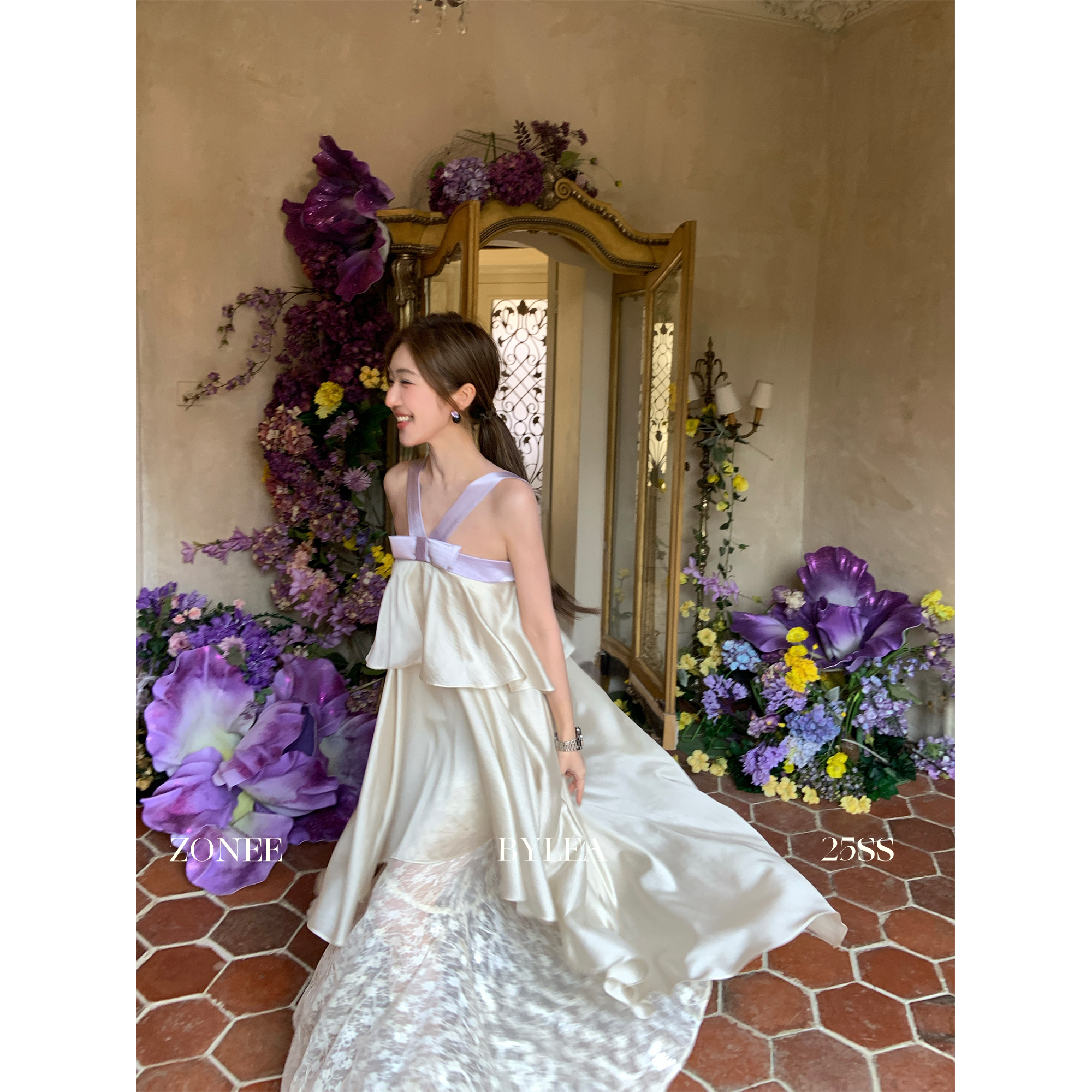 ZONEE 公主加冕日 原创设计法式精致松弛感天si蕾丝拼接连衣裙