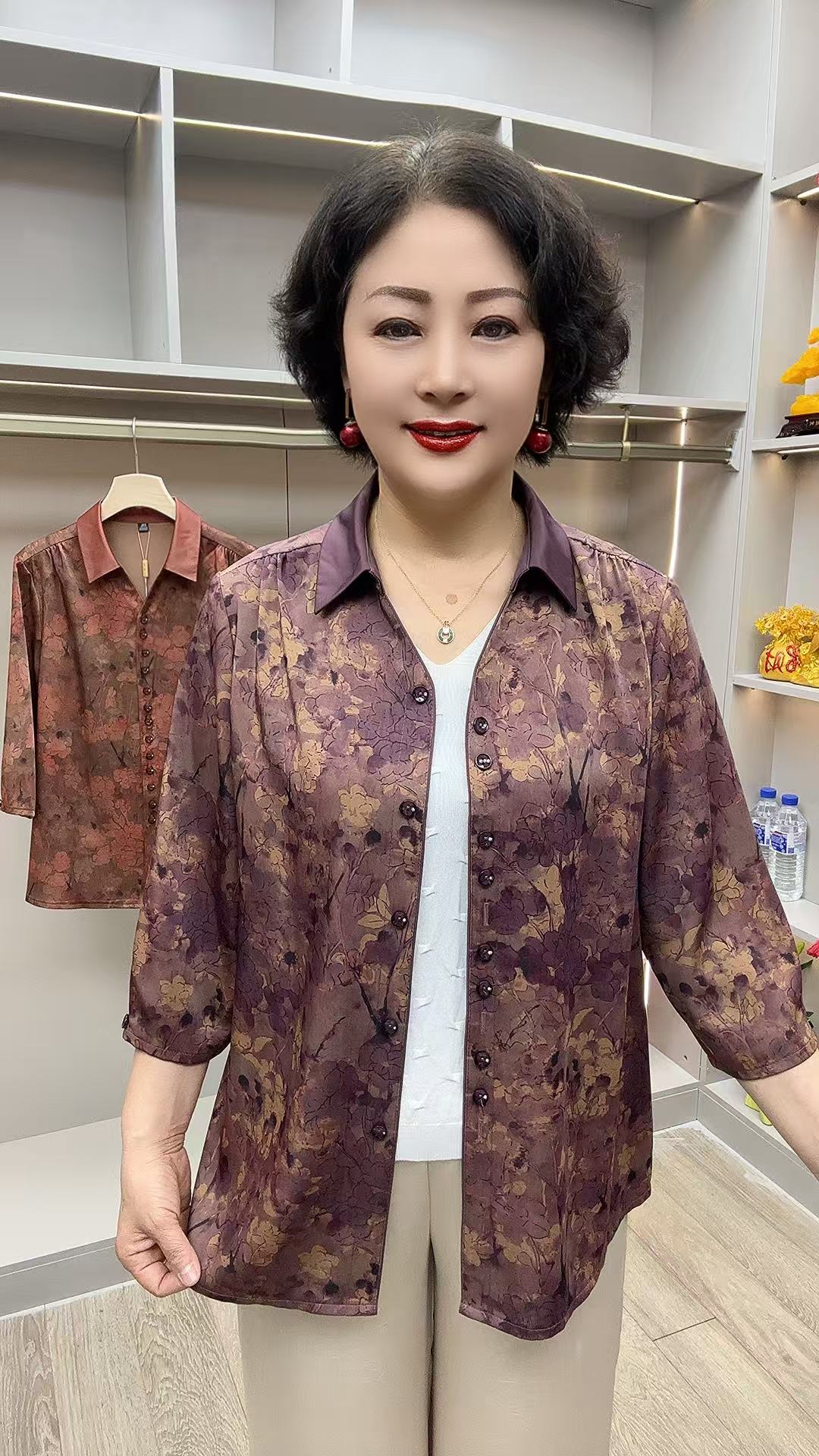 CF#25807开衫-8分袖 衣长65 中老年女装夏季新款翻领开衫衬衫