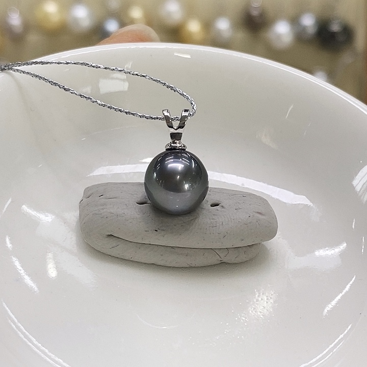 银S925镶嵌海水珍珠吊坠(不含链)大溪地9-10mm