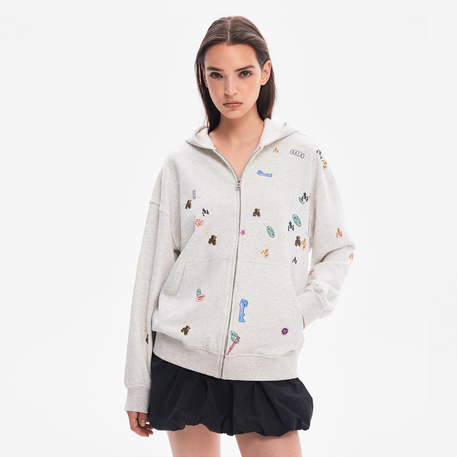 CALLED BACK秋季新款饭团熊灰色拉链休闲上衣连帽卫衣外套女