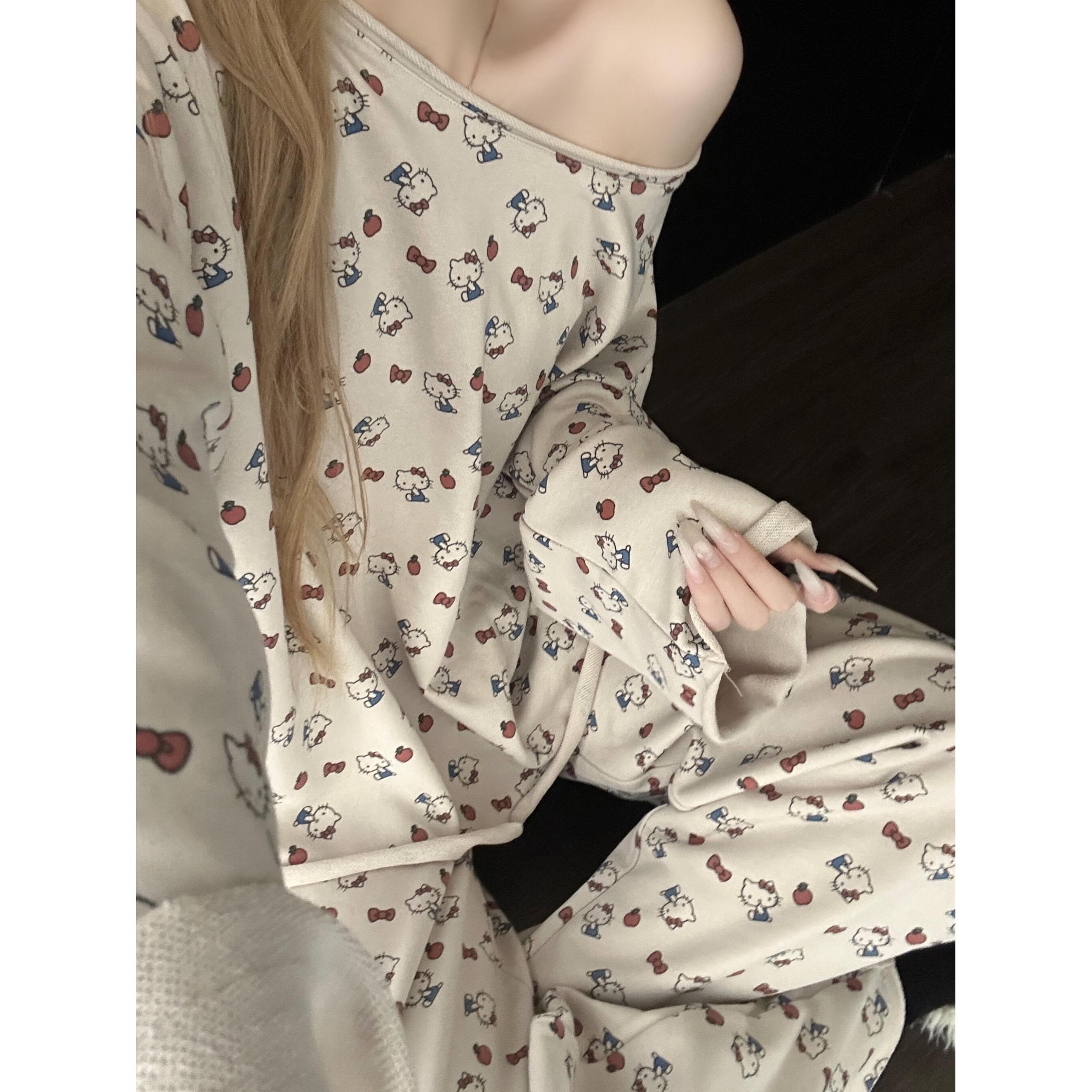韩版甜美露肩卡通印花睡衣女2025秋季新款长袖宽松家居服套装外穿
