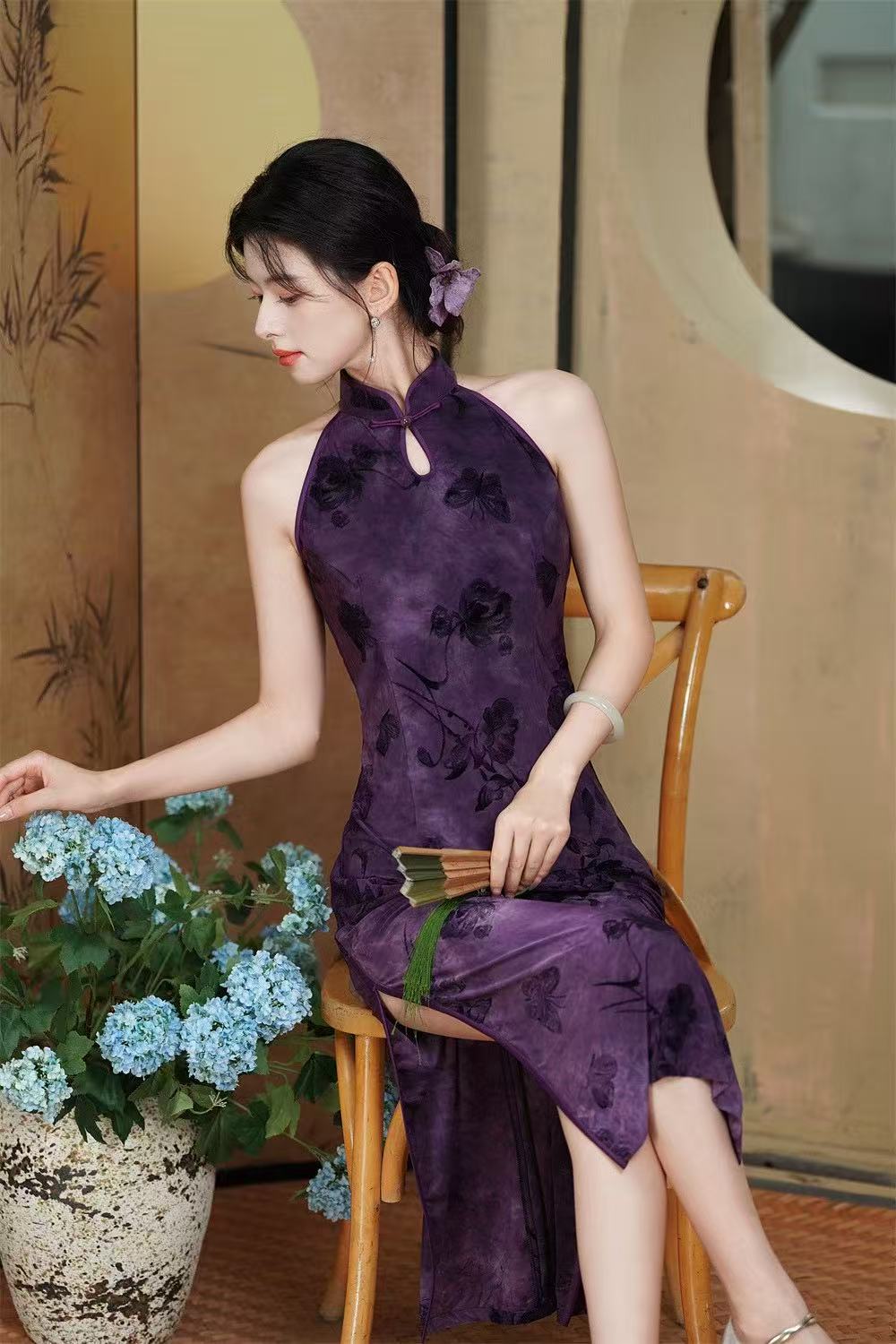 风华《紫藤花语》紫色挂脖显瘦旗袍苏式改良爆款时尚夏季气质