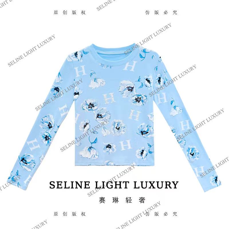 【25Q-679】 太 2025 SELINE 原创轻奢H字母蓝色玫瑰印花长袖T恤