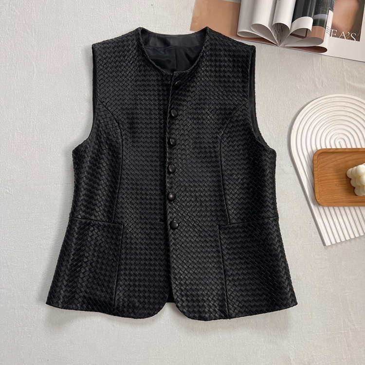 编织黑色绵羊皮真皮马甲女羊皮百搭时尚背心ins无袖休闲皮马夹