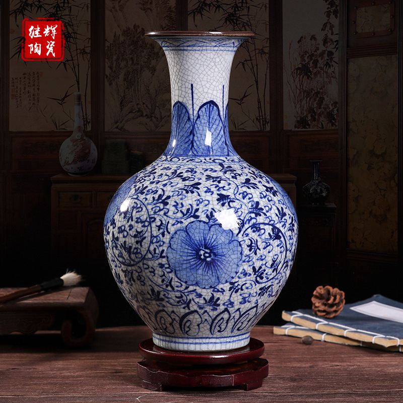 景德镇复古手绘青花瓷花瓶家居客厅装饰摆件中式裂釉花瓶工艺品