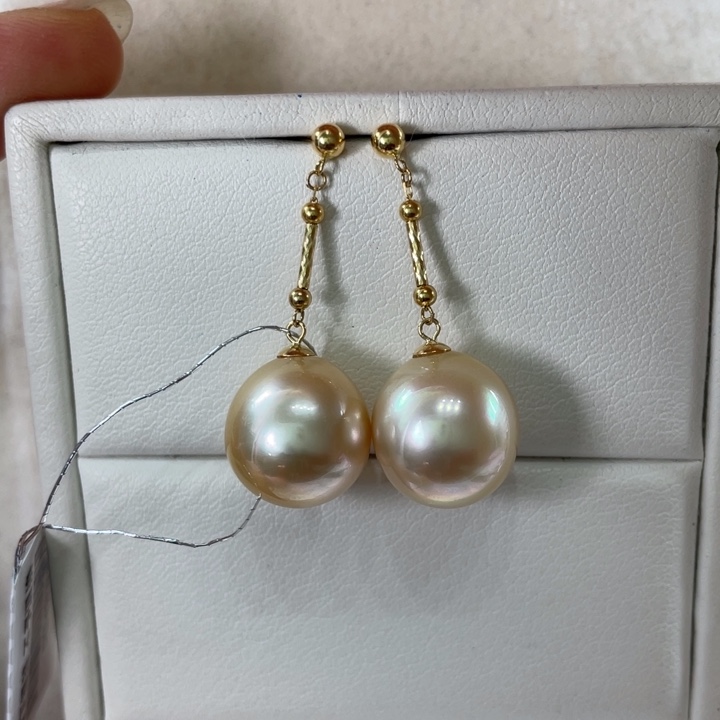 18K金镶嵌耳饰海水珍珠干枯玫瑰12-13m m