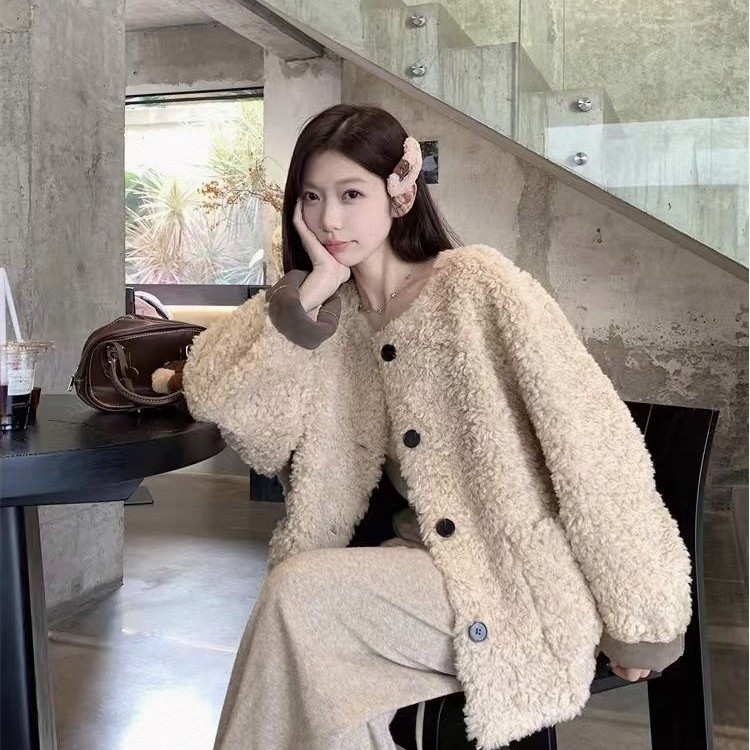 【升级高克重】秋冬新款羊羔毛宽松短款慵懒风皮毛一体毛毛外套女