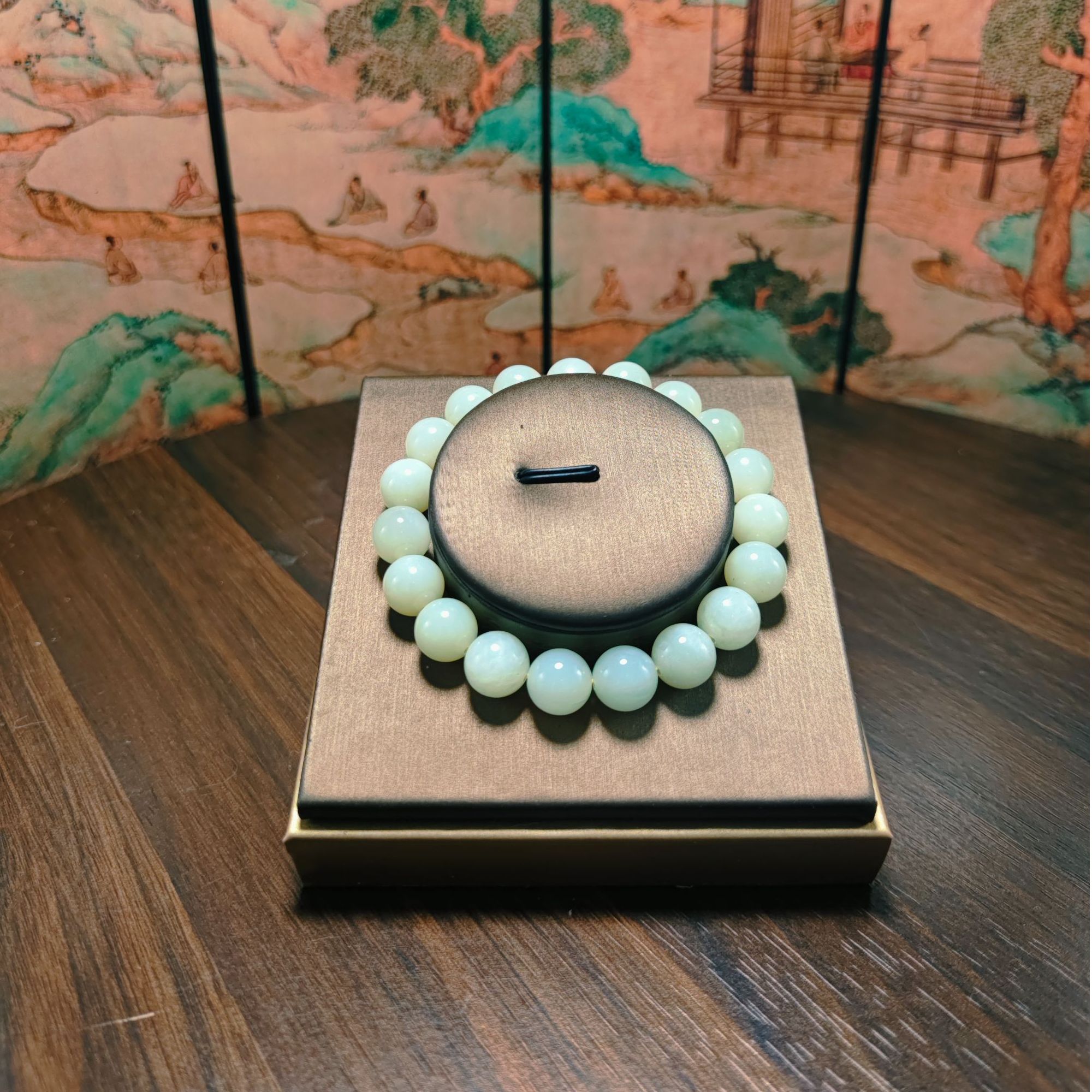 N和田玉鸡油黄圆珠手串（卡10）0168