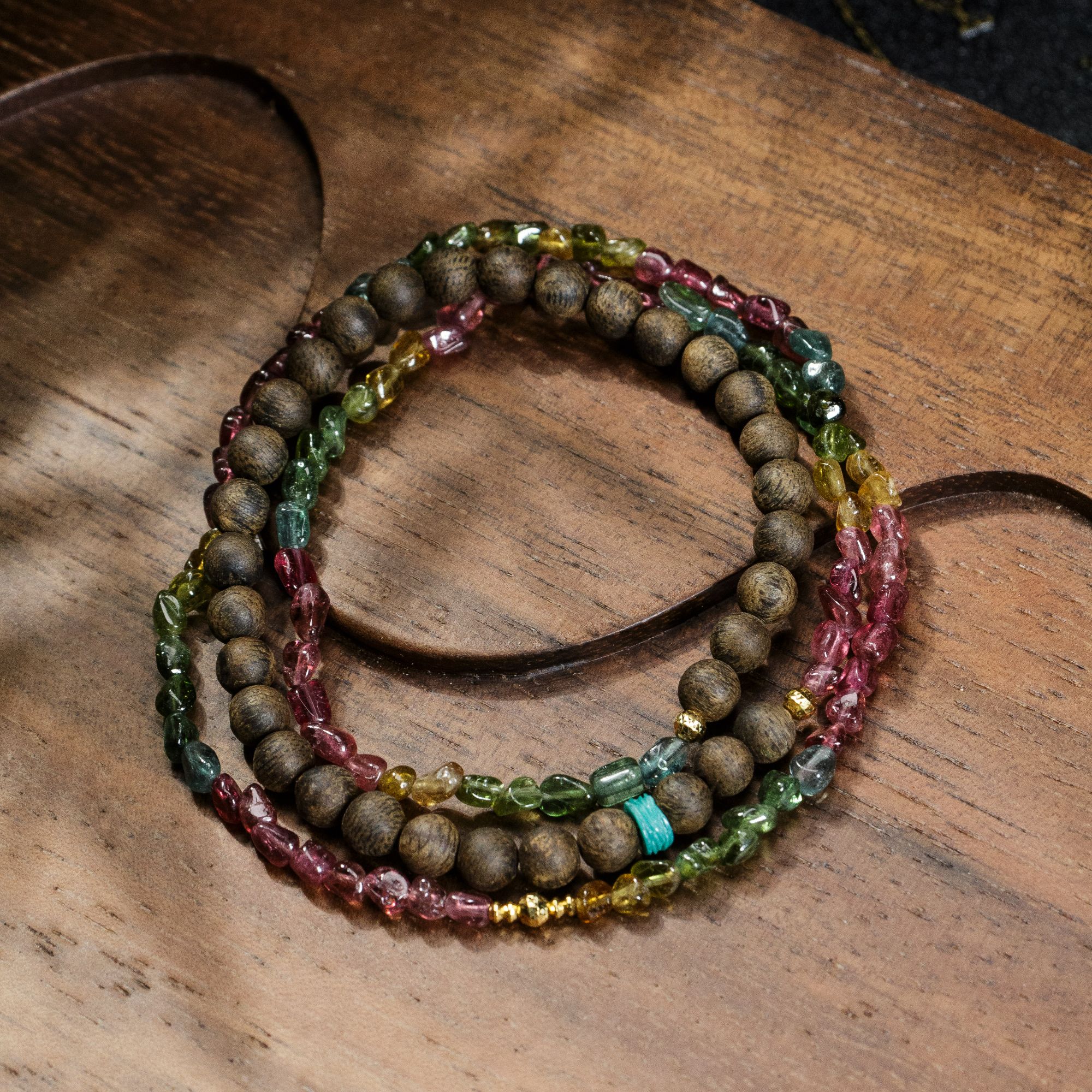 【壹芳珠宝】沉香双拼18k金镶碧玺手串5mm