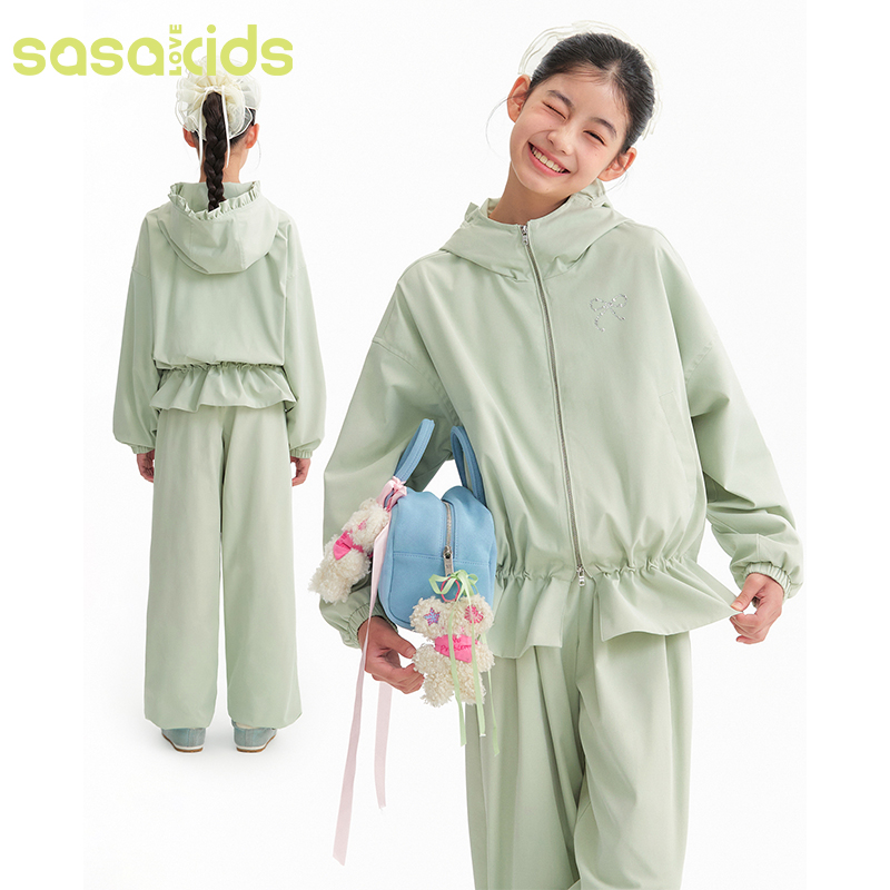 sasakids甜酷少女设计感烫钻木耳边抽皱显瘦夹克斜纹户外外套女童