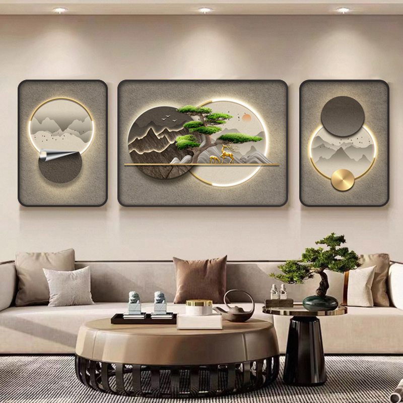 J63镶钻迎客松客厅装饰画新中式三联画挂画轻奢客厅沙发挂画捡漏4