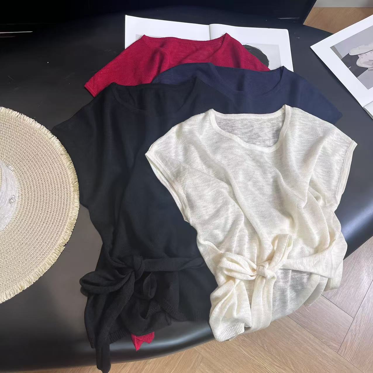 韩系气质慵懒系带设计针织短袖H7094