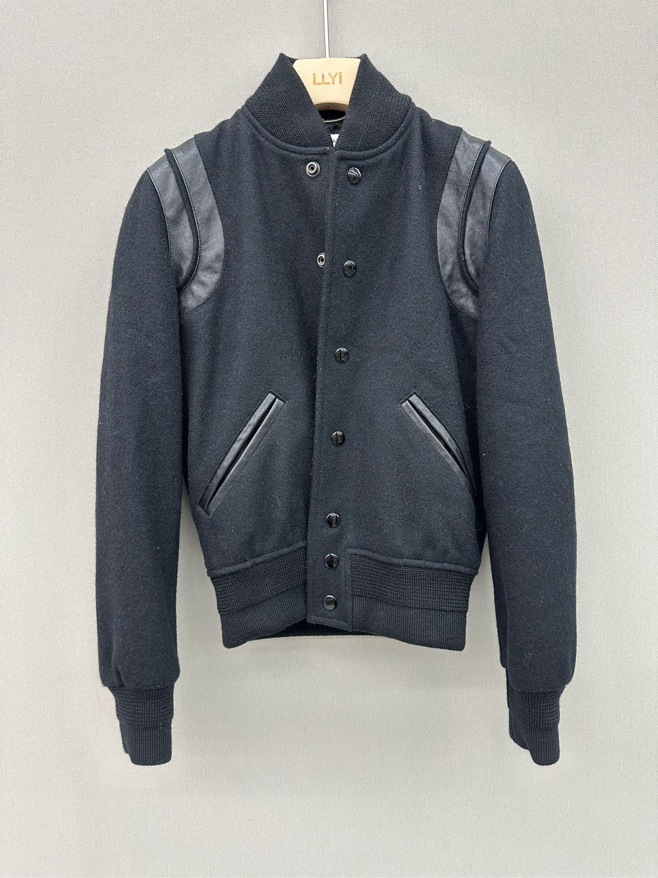 95新 YSL/圣罗兰 圣罗兰羊毛拼皮棒球外套34码