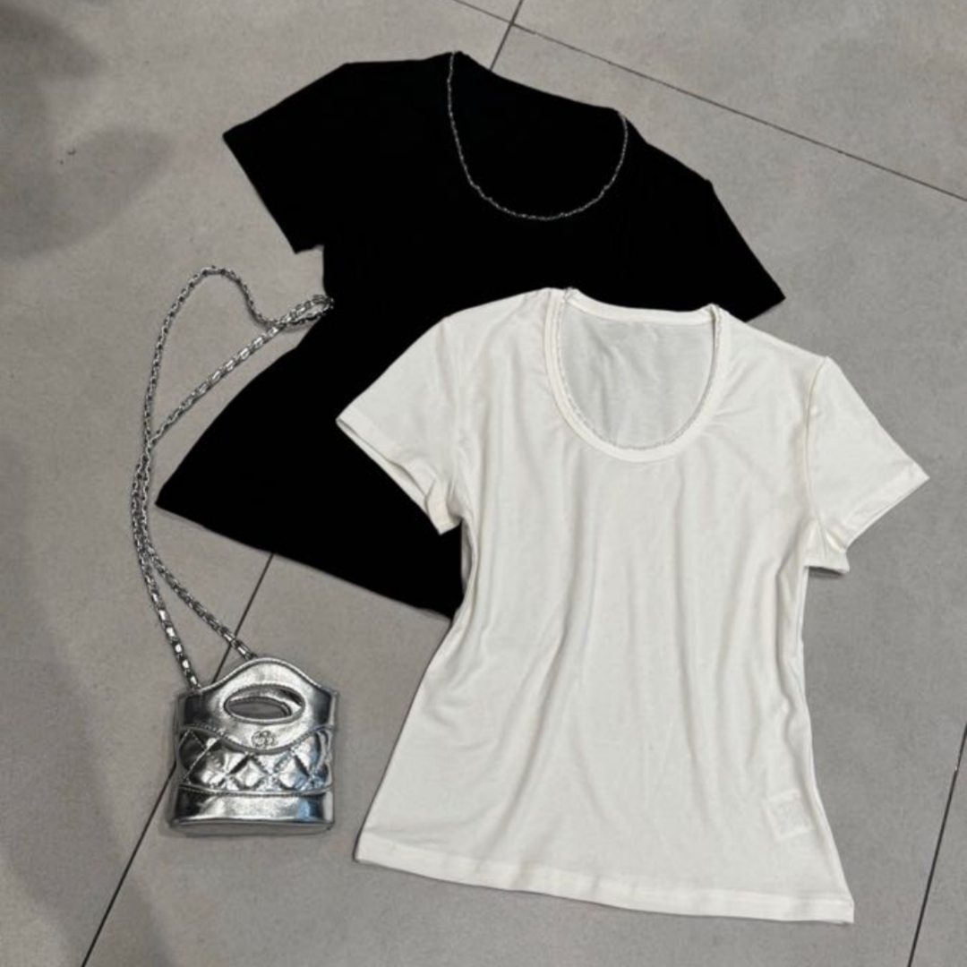 【济州岛】钉珠领口设计 纯色百搭短袖5975