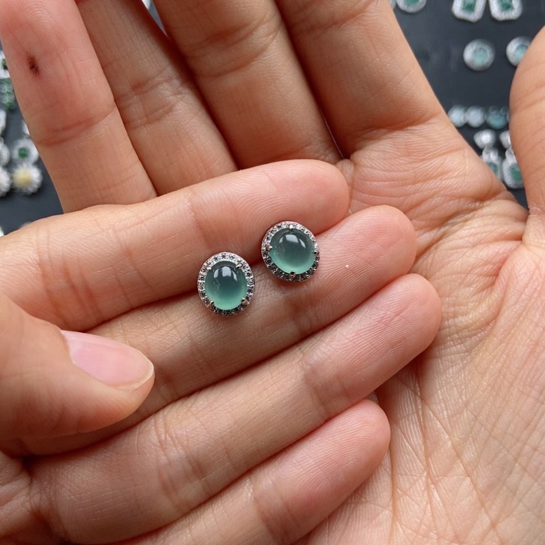 翡翠银S925镶嵌耳饰月*翡翠首饰