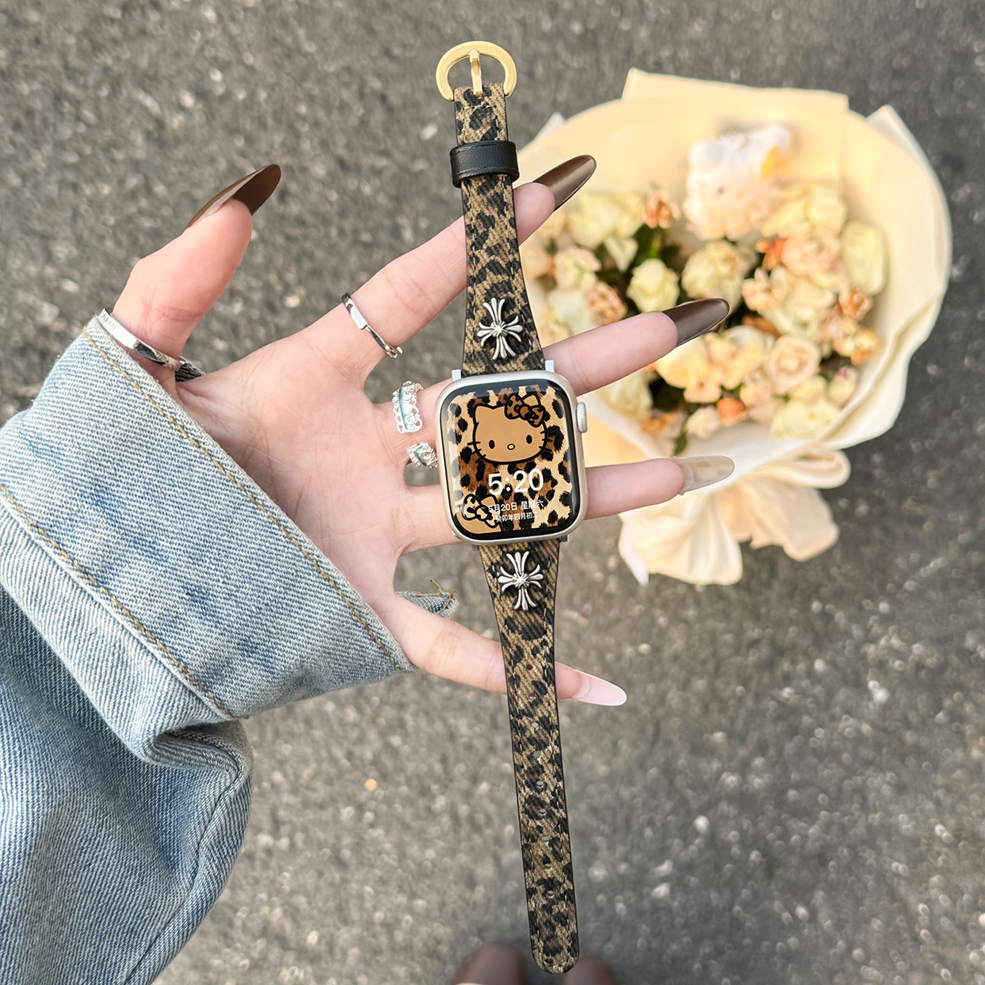 适用红米手表watch5/6表带高级豹纹小米9pro皮质牛仔布复古手腕带