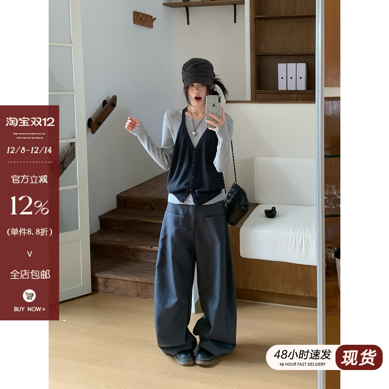 宋正恩【现货清仓】灰色质感阔腿休闲裤口袋设计感宽松百搭AAK1118