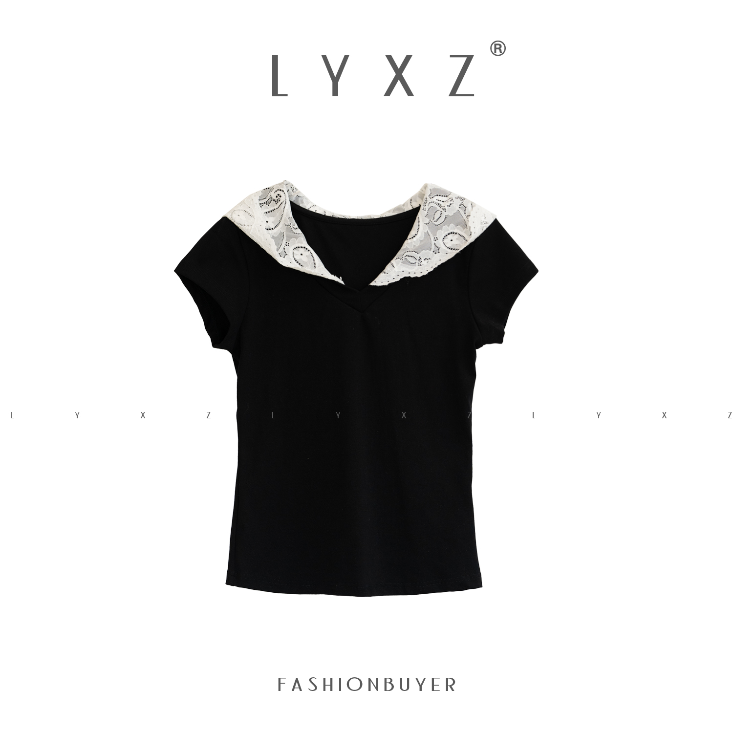 LYXZ x【黑天鹅】春季新款气质蕾丝帽拼接V领短袖T恤75333
