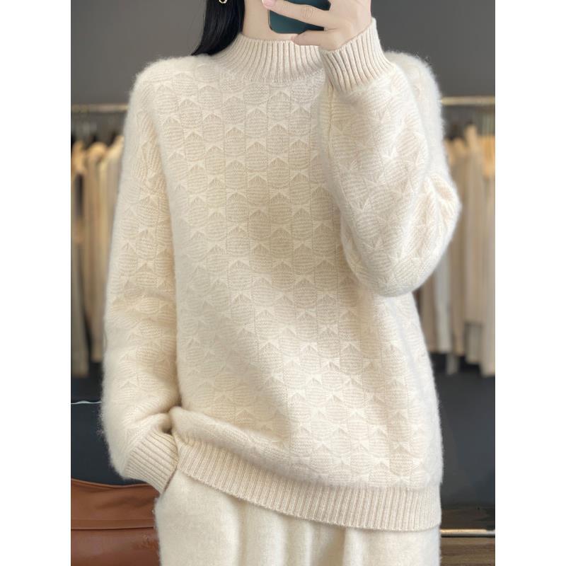 100%羊毛七针加厚蝴蝶结纹半高领秋冬百搭款D392