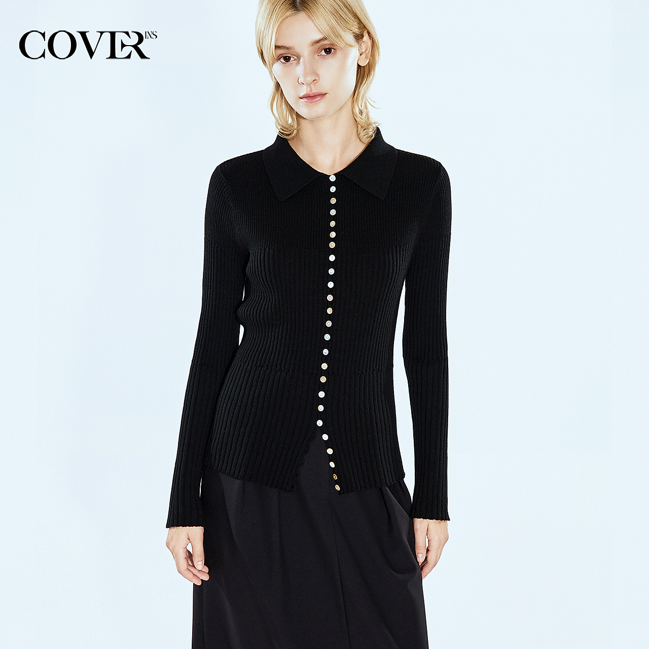 [新派简约]COVERINS2025春季修身POLO领坑条绵羊毛开衫