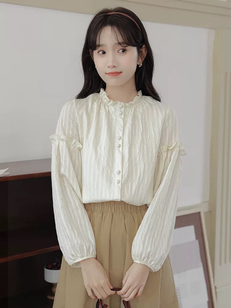 法式复古长袖木耳领衬衫女春秋季新款设计感内搭小衫