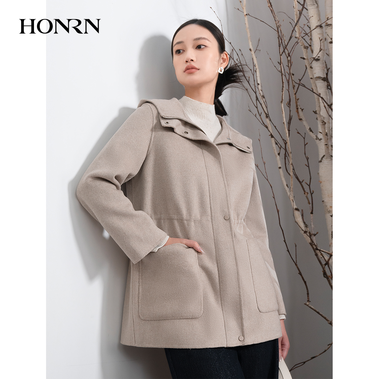 HONRN/红人连帽收腰桑蚕丝真丝羊毛呢子大衣外套女秋冬HI55OD903