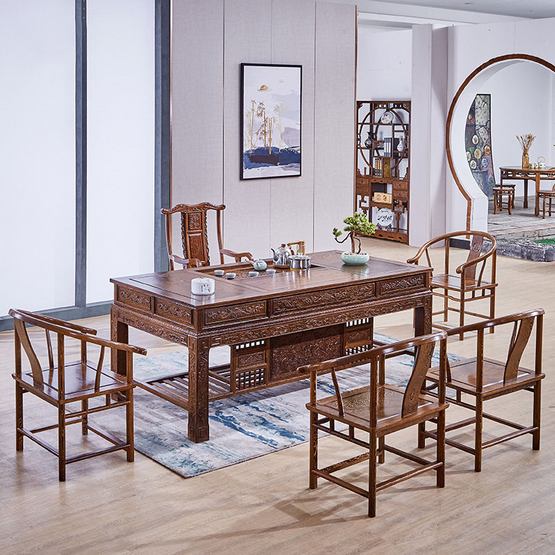 办公茶桌椅组合鸡翅木全实木茶桌办公室茶几套装功夫泡茶几
