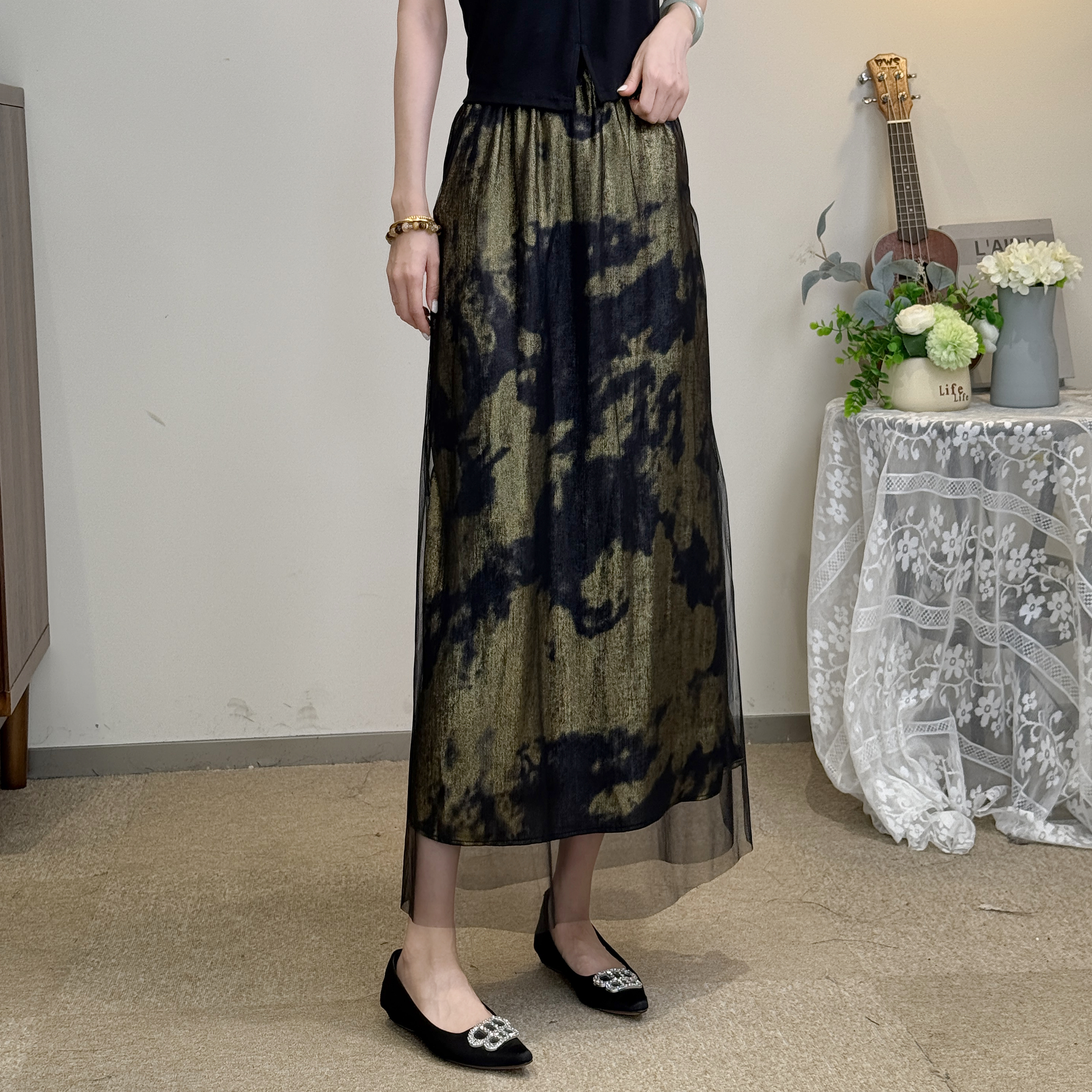 时尚新款印花开叉半身裙女高腰垂感一步裙夏季网纱长裙显瘦包臀裙