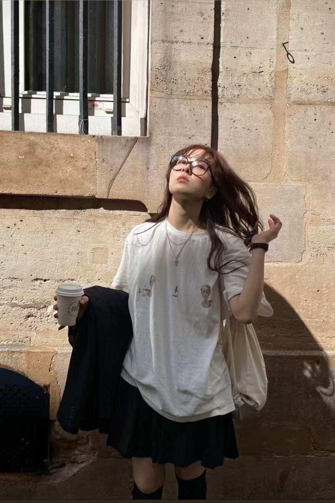 【复古雕塑】韩代巴黎街头 复古艺术雕塑前后印花宽松短袖男女同款