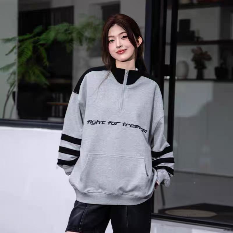 字母刺绣半拉链长袖卫衣立领休闲bf男女同款情侣上衣-005