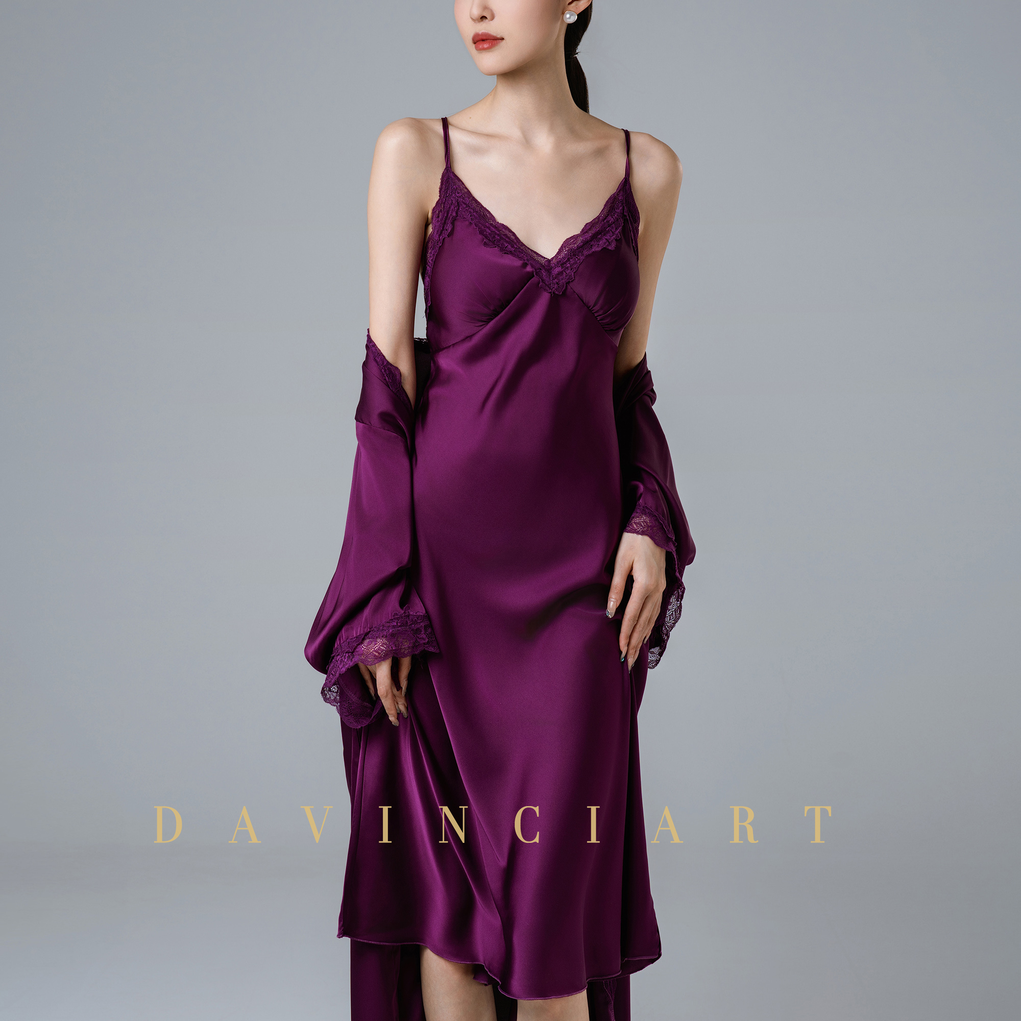 DAVINCIART紫色睡袍性感睡衣战袍吊带睡裙女款爆款2025新款夏季