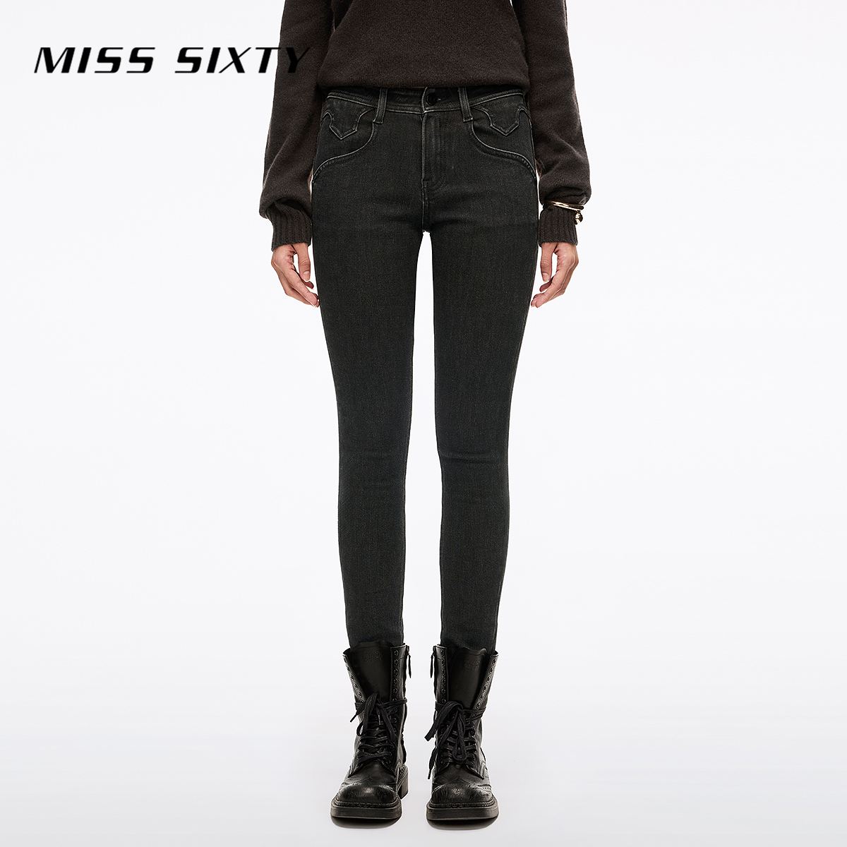 Miss Sixty2025冬季新款牛仔裤女含羊驼毛复古磨破显瘦紧身小脚裤