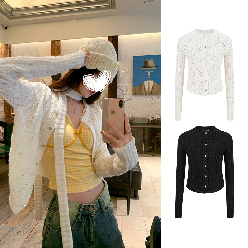 Moses Queen/魔西女王小香风镂空圆领小外搭上衣辣妹休闲针织开衫