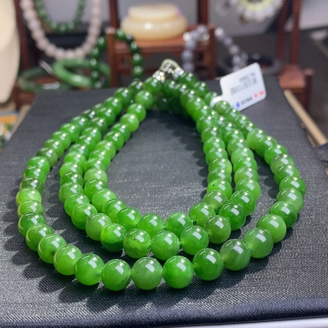 和田玉碧玉银镶108项链8MM未镶嵌