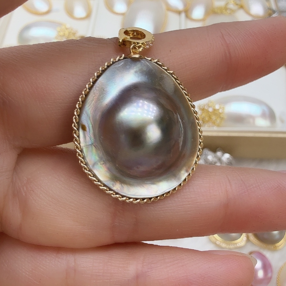 银S800镀金镶嵌颈饰拼合珍珠（马贝珠）