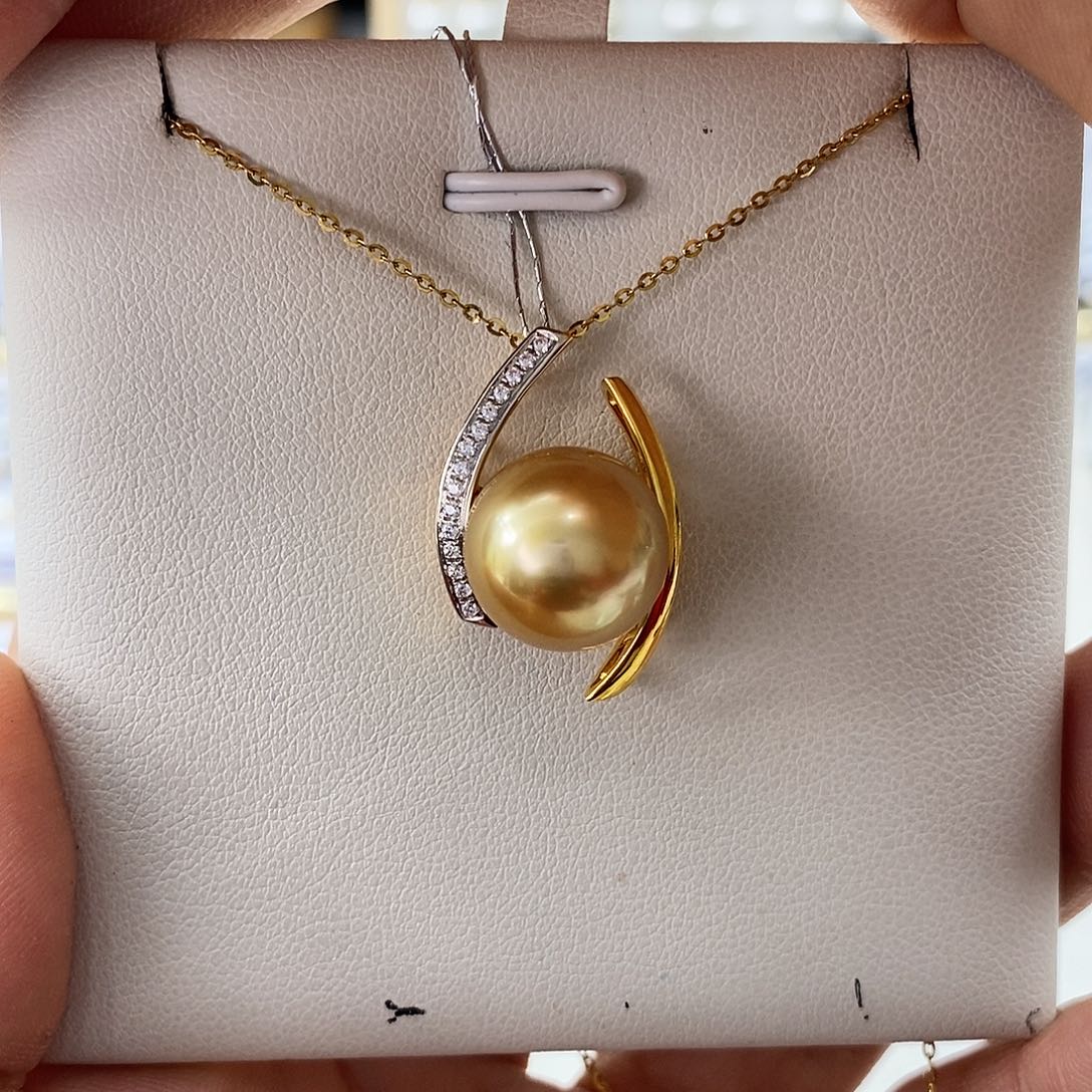 海水珍珠吊坠(不含链)18K金镶嵌南洋金珠12-13m m