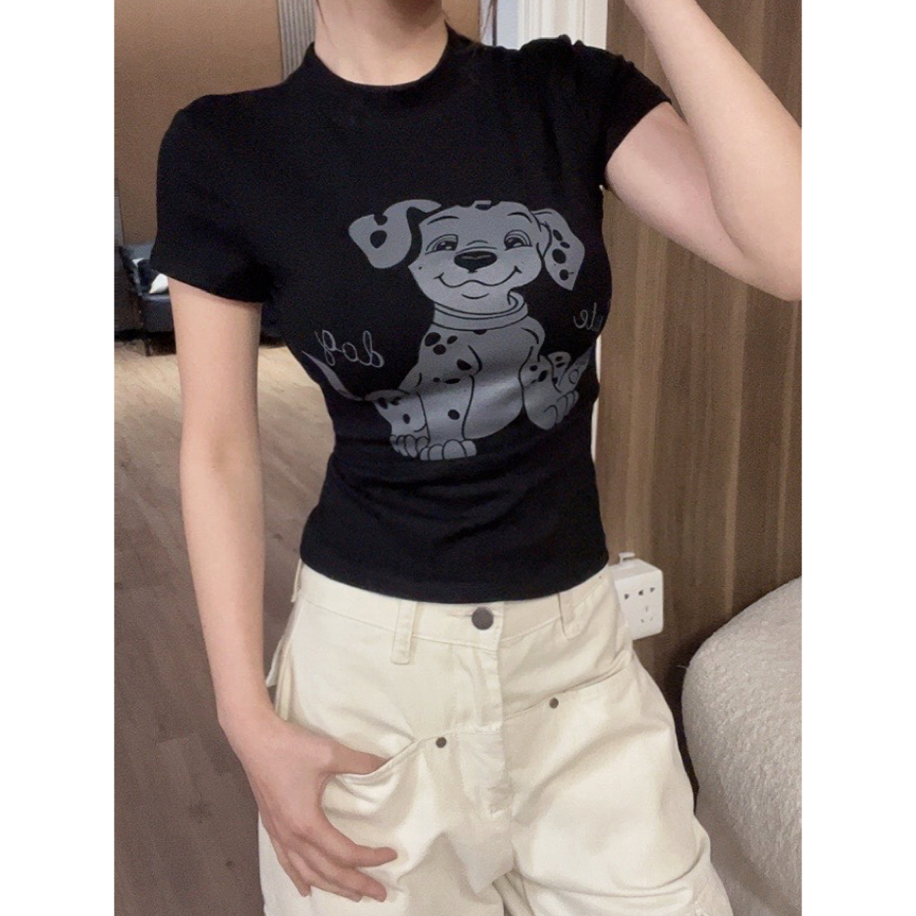 美式复古斑点狗印花短袖T恤女辣妹设计感修身显瘦打底衫-T2810
