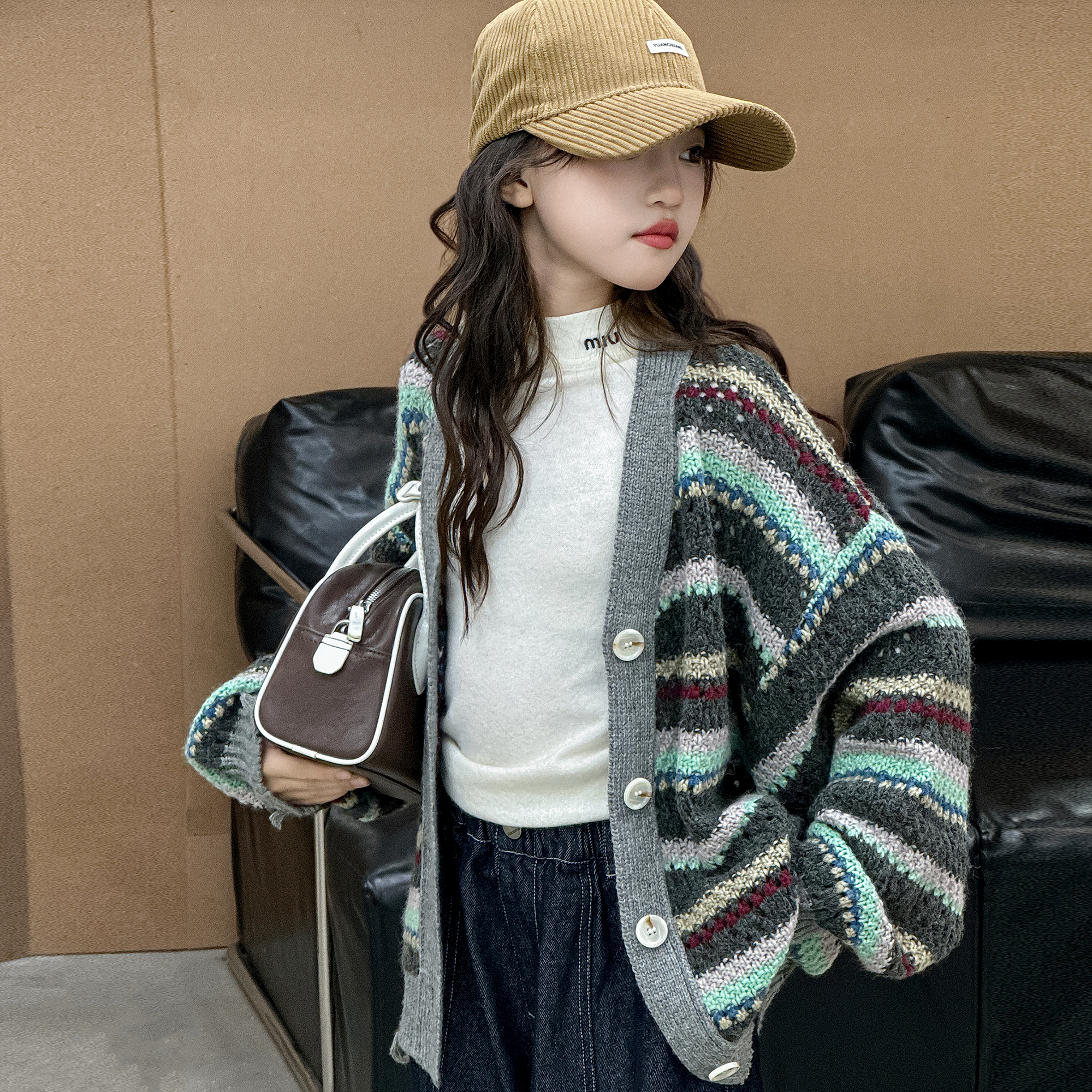 女童秋装开衫毛衣2025新款童装女中大童单排扣秋季条纹百搭上衣潮