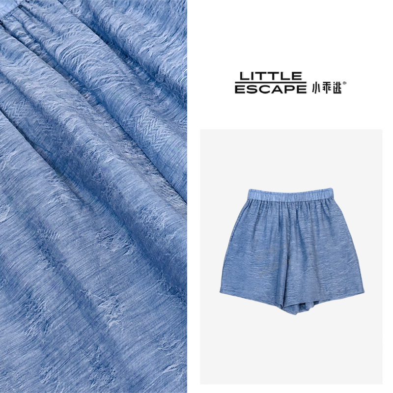 小乖逃D蓝色短裤 松紧腰提花双口袋蓝色阔腿裤 250531
