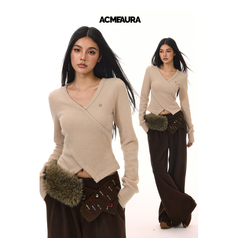 ACMEAURA2026新款短款不规则交叉v领修身上衣
