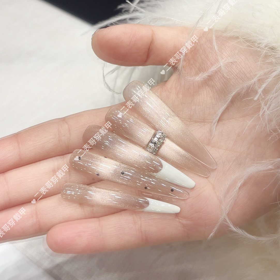 （珍珠白）香槟色波点法式带钻猫眼显白高级清冷百搭纯手工穿戴