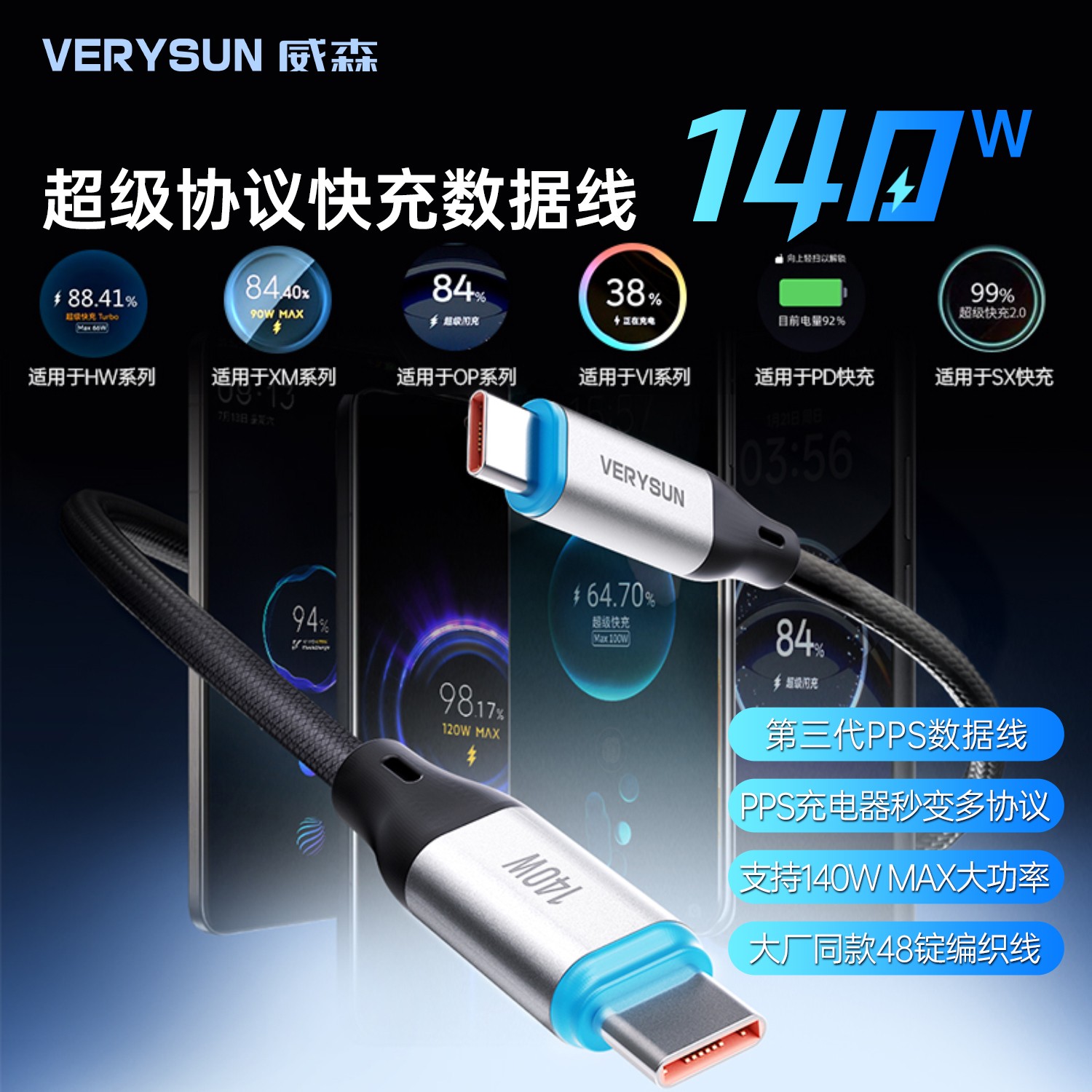 【全兼容冰感线】威森140W超级协议转换线编织type-c数据线VERYSUN