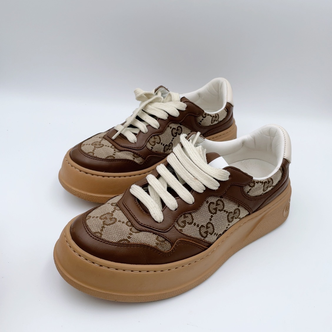 95新 GUCCI/古驰 34 36码 女士老花满印棕色饼干鞋my197