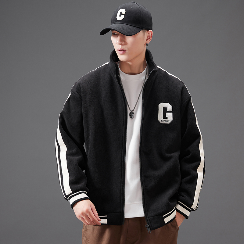 秋冬季加厚保暖棉服羊羔绒外套刺绣立领摇粒绒夹克男士