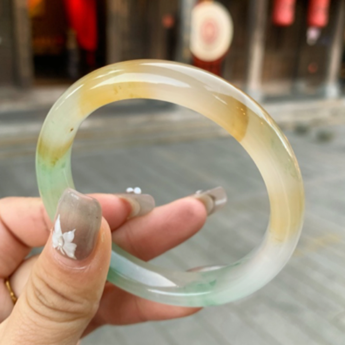 55/10/8高冰半山水黄加绿非洲翠独龙玉手镯美人镯玉镯子冰透