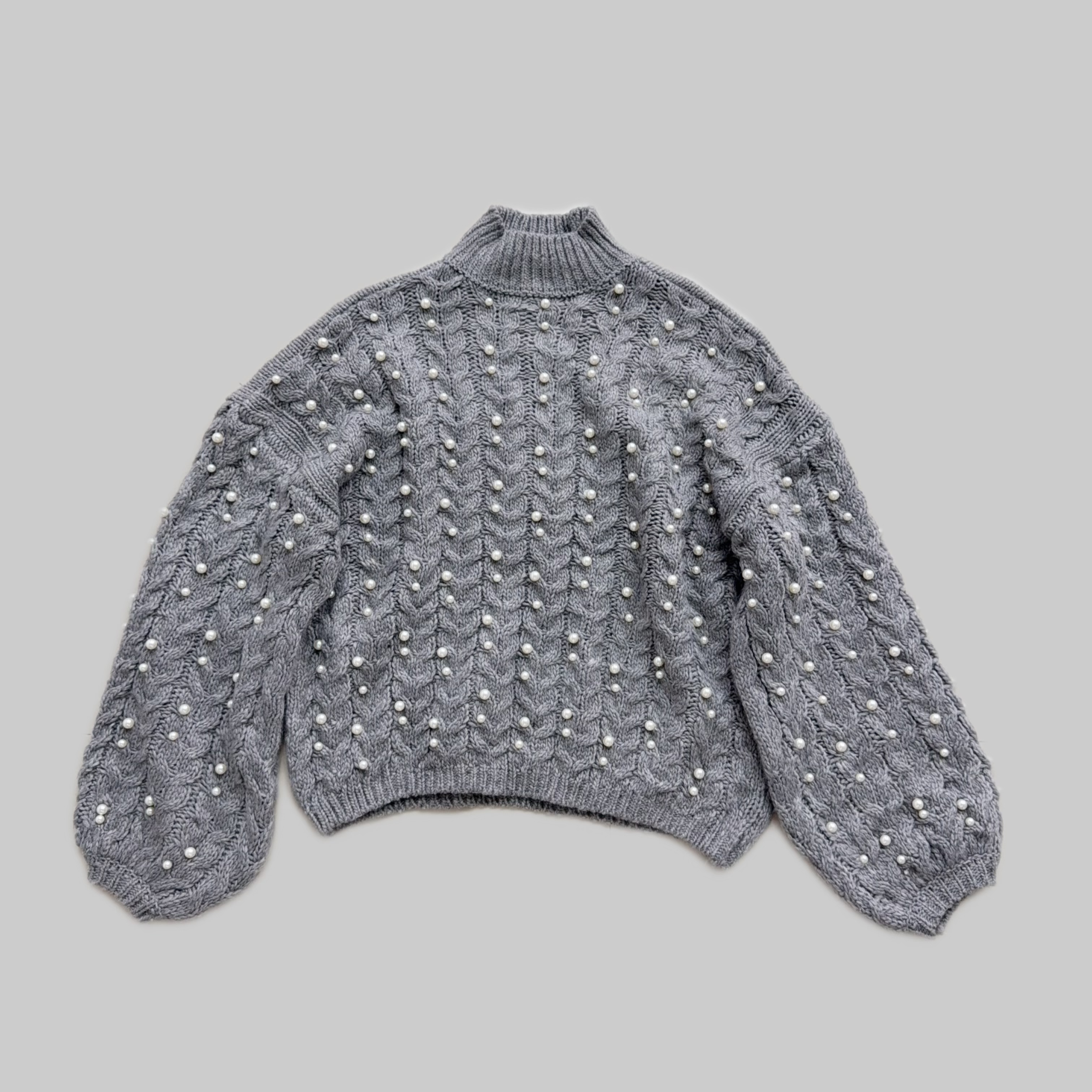 T113 钉珠重工立领灰色针织毛衣