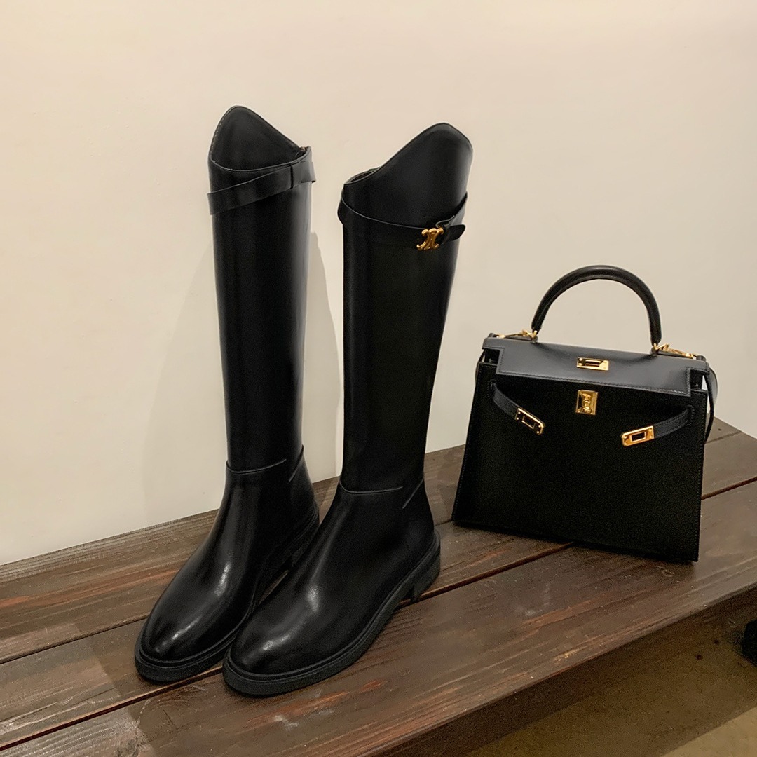 葡萄妈同款圆头斜口凯旋门扣带粗跟高筒骑士靴女长靴2025新款靴子