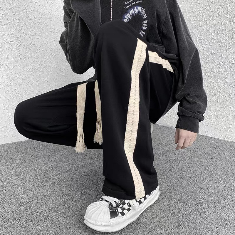 022美式加绒重磅垂感侧边条纹卫裤男春秋季休闲宽松高街直筒裤