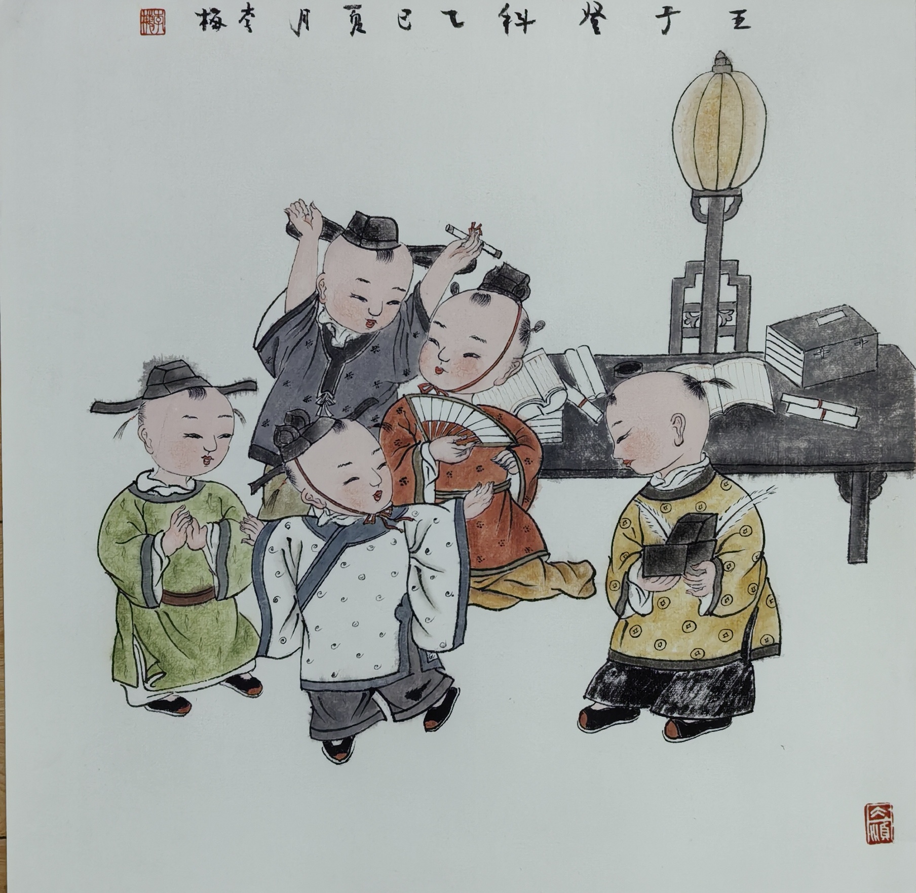 工笔画百子图童趣系列38X38cm镜片卡纸